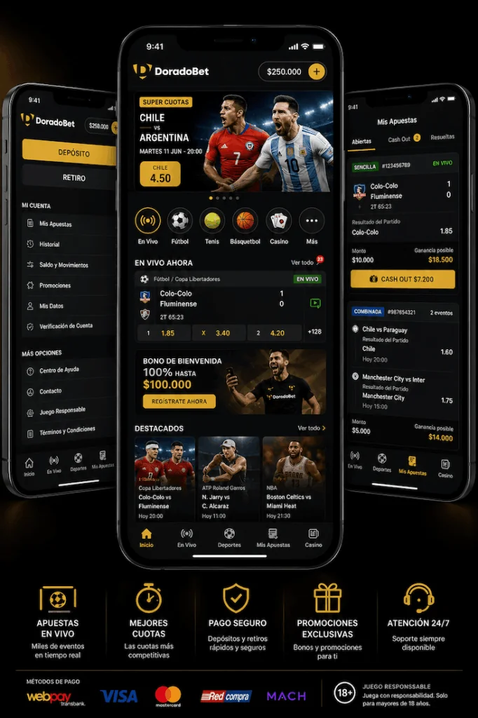 Captura de pantalla de la aplicación móvil de Doradobet mostrando un diseño intuitivo, navegación sencilla y acceso a apuestas deportivas y casino.
