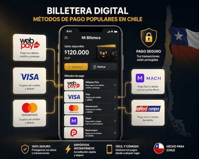 Ilustración de una billetera digital con métodos de pago populares en Chile, incluyendo Webpay, tarjetas de crédito y opciones de pago electrónico.