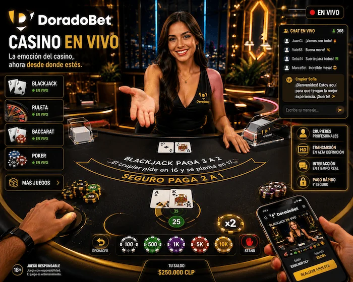 Mesa de casino en vivo con un crupier interactuando con jugadores a través de una plataforma digital y funciones de chat en tiempo real.